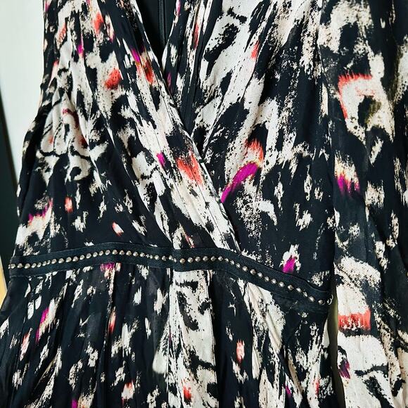 ALLSAINTS Lizia Wing Silver Studded Black Floral Asymmetrical Rocker Dress Size2 - Picture 8 of 14